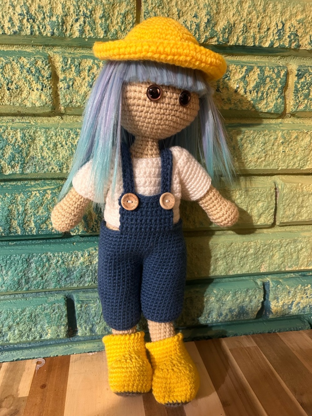 Handmade with Love Crocheted Doll with Yellow Hat & Boots 18in